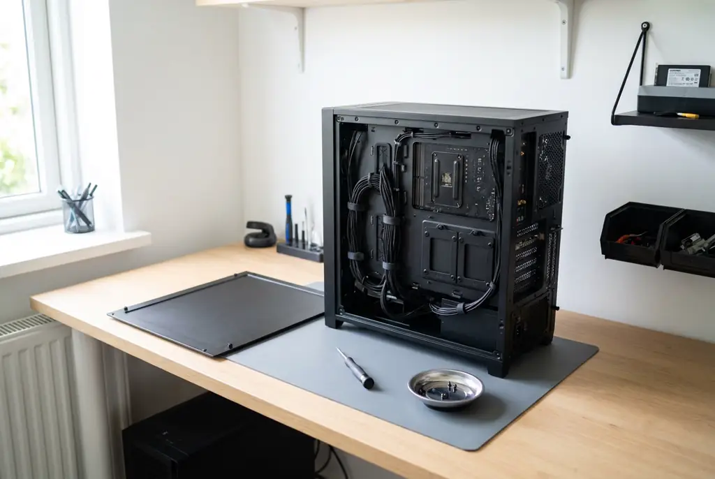 Tour de bureau ouverte sur l’établi de l’atelier, câblage rangé